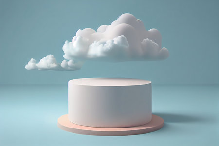 3D rendering of a round podium with clouds in the background.の写真素材