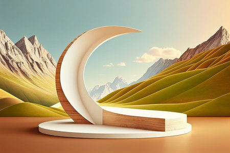 3d rendering of crescent moon on a podium in a desertの写真素材