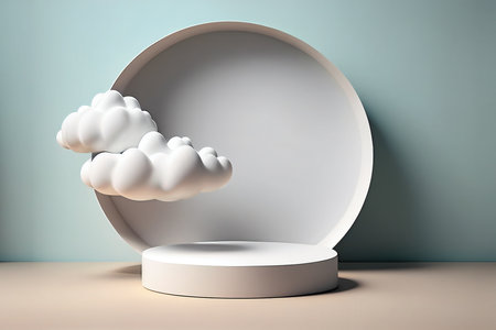 3d render, abstract minimal scene with white podium and clouds.の写真素材