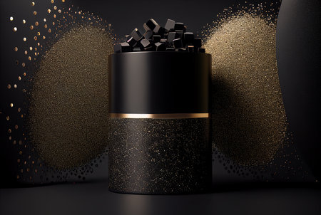 Black gift box with glitter particles on black background. 3d renderingの写真素材