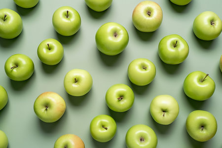 Pattern of green apples on a green background. Flat lay, top viewの写真素材