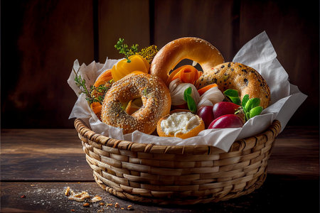 Basket of bagels with different fillings and herbs on wooden backgroundの素材