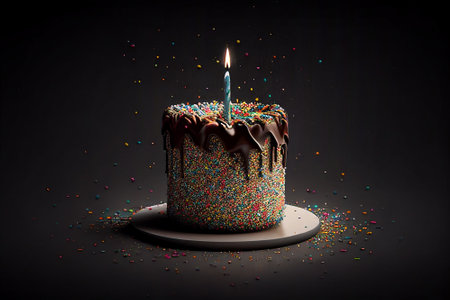 Birthday cake with burning candle and colorful confetti on black backgroundの写真素材