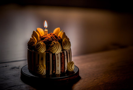 Birthday cake with burning candle on wooden background. Toned.