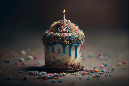 Birthday cake with burning candle on dark background. Copy space.の写真素材