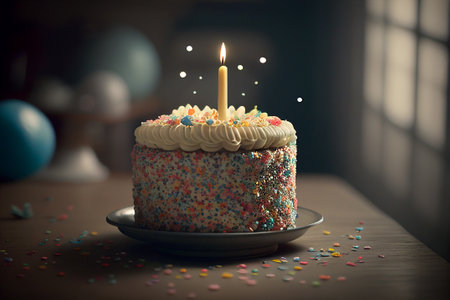Birthday cake with burning candle on wooden table. Selective focusの写真素材
