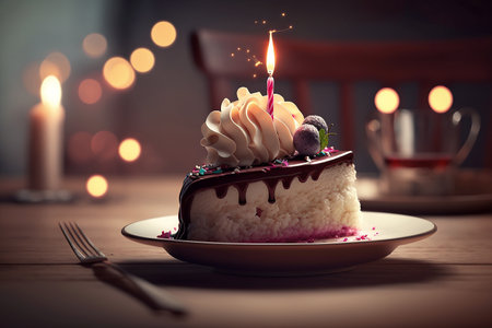Birthday cake with burning candle on wooden table. Selective focusの写真素材