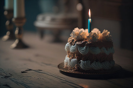Birthday cake with burning candle on a wooden table. Selective focusの写真素材