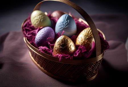 Easter eggs in a basket on a dark background. Toned.の写真素材