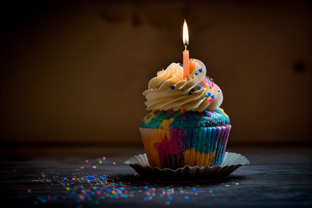 Birthday cupcake with burning candle on wooden background. Toned.
