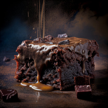 Chocolate cake brownie with chocolate glaze and caramel on old wooden backgroundの写真素材
