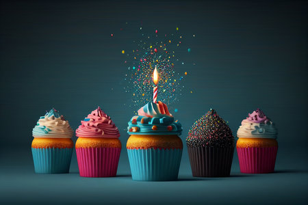 Colorful birthday cupcakes with burning candle and confetti on dark background