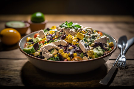 Salad with chicken, corn, cucumber, red onion, black pepper and mayonaiseの写真素材