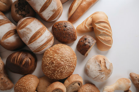 Different types of bread and rolls on white background. Top view.の写真素材