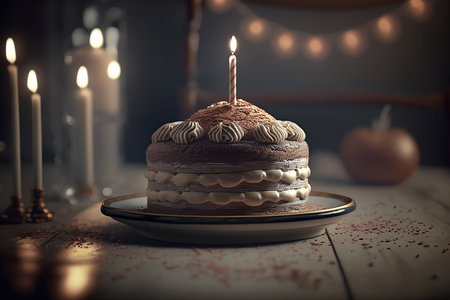 Chocolate cake with a lit candle on a wooden table. Toned.の写真素材