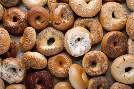 assortment of baked bagels with sesame seeds, top viewの写真素材