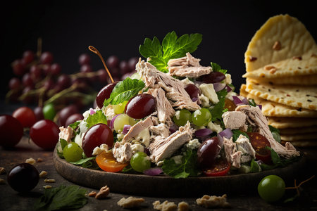 Chicken salad with grapes and crackers on dark wooden background.の写真素材