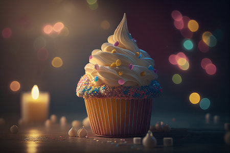 Birthday cupcake with candles and bokeh lights on backgroundの写真素材