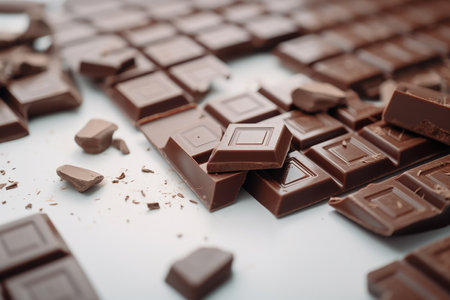 Pieces of chocolate on a white background, close-up.の写真素材