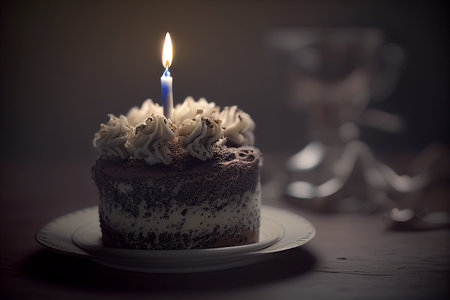 Birthday cake with candle on dark background. Selective focus. Toned.の写真素材