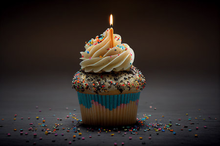 Birthday cupcake with burning candle on dark background. Toned.の写真素材