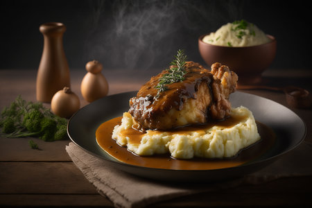 Baked pork ribs with mashed potatoes on wooden table. Selective focus.の写真素材