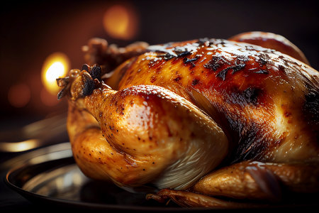 Roasted whole chicken on a plate with candles on a dark backgroundの写真素材