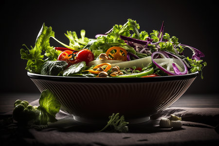 Fresh vegetable salad in a bowl on wooden table. Selective focus.の写真素材