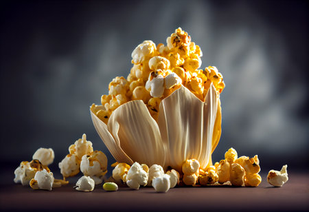 Popcorn on a dark background. Selective focus. Toned.の写真素材