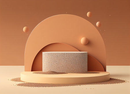 3d render of abstract geometric forms. Glossy golden podium for cosmetic product presentation. with glitter and sparklesの素材