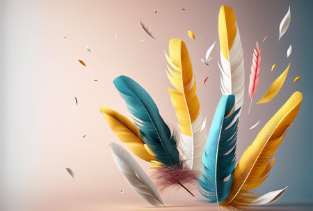 Colorful feathers on pastel background. 3d render illustration.の素材