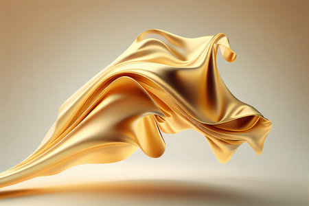 Abstract golden yellow wavy fabric on a light background. 3d rendering image.の素材