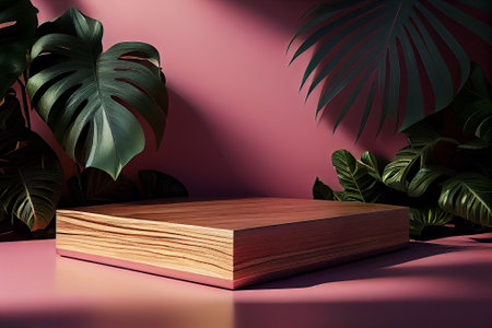 Minimal scene with wooden podium and tropical leaves. 3D renderingの素材