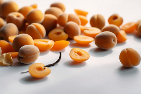 Fresh ripe apricots on white wooden table, closeup viewの素材