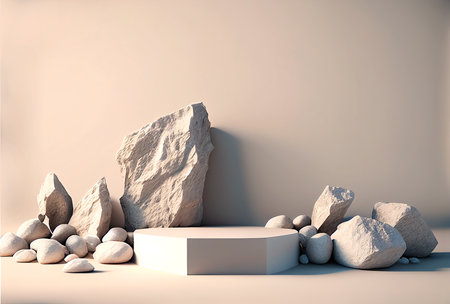 Minimalist abstract scene with podium and rock. 3d renderの素材