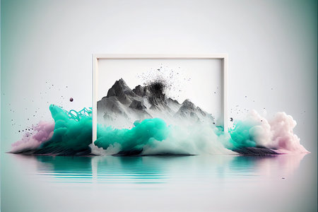 Abstract watercolor background with mountains, clouds and frame. Vector illustrationの素材