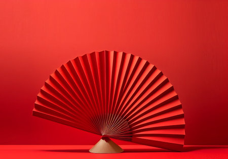 Oriental chinese  chinos Paper fan on a red background. Minimal concept. Copy space.の素材