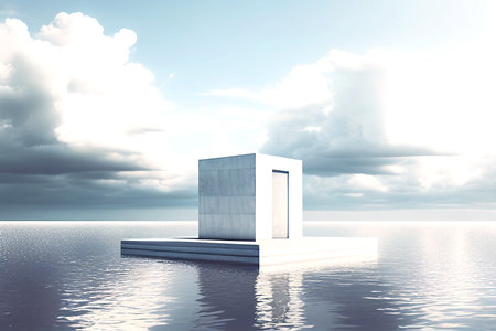 3D rendering of a white podium on the water with clouds in the backgroundの素材