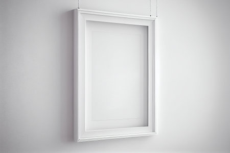 Blank white picture frame hanging on white wall. Mock up, 3D Rendering