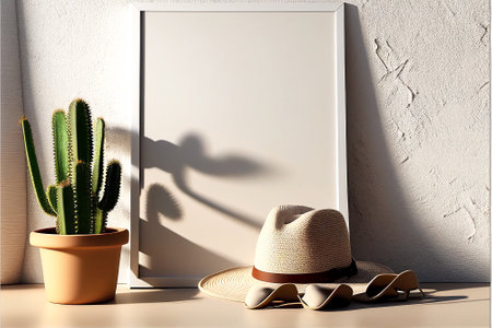 3D render of a blank picture frame with cactus, hat and sunglasses. mock up template for product presentationの写真素材