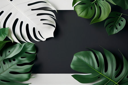 Creative layout made of monstera leaves on black and white background. Flat lay, top view minimal summer concept. mock up template for product presentationの写真素材