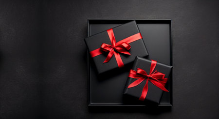 Black gift box with red ribbon on black background. Top view. mock up template for product presentationの写真素材