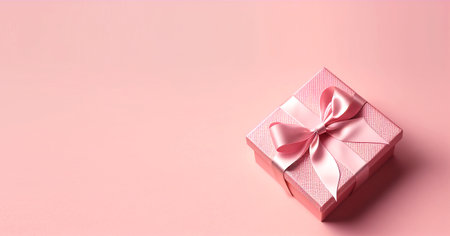 Pink gift box with pink bow on pastel pink background. Festive concept. mock up template for product presentationの写真素材