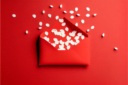 Envelope with white paper hearts on red background. Valentine's day concept mock up template for product presentationの写真素材