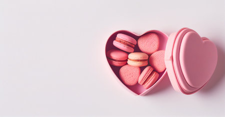 Pink heart shaped box with macaroons on white background, copy space mock up template for product presentationの写真素材