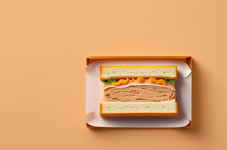 Sandwich in paper box on orange background. Top view, copy space mock up template for product presentationの写真素材