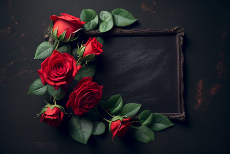 Red roses and blackboard on dark background. Top view with copy space mock up template for product presentationの写真素材
