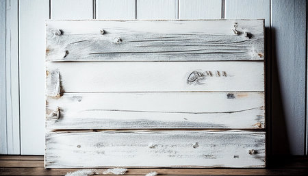 Old white wooden planks wall background. Vintage style toned picture mock up template for product presentationの写真素材