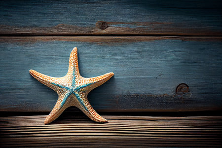Starfish on wooden background with copy space for your text. Toned. mock up template for product presentationの写真素材