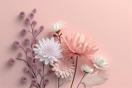 Flowers composition on pastel pink background. Flat lay, top view, copy space mock up template for product presentationの写真素材